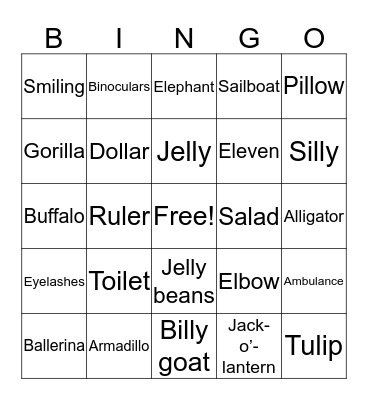 Medial /l/ Bingo Card