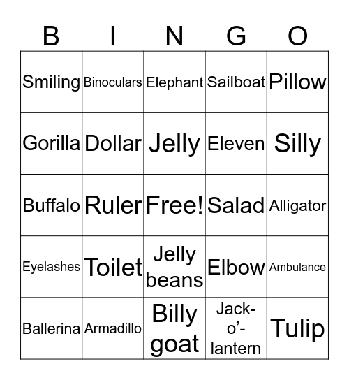 Medial /l/ Bingo Card