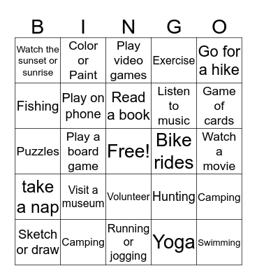 Leisure Bingo Card