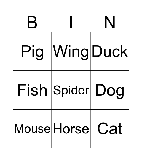 Farm animals Bingo Card