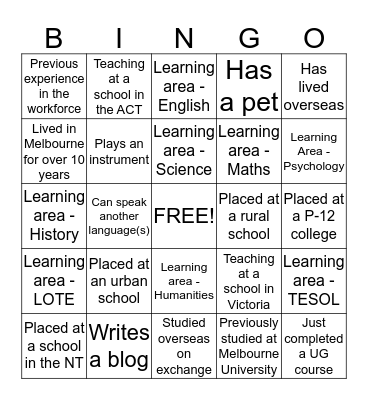 Teach for Australia Bingo Card