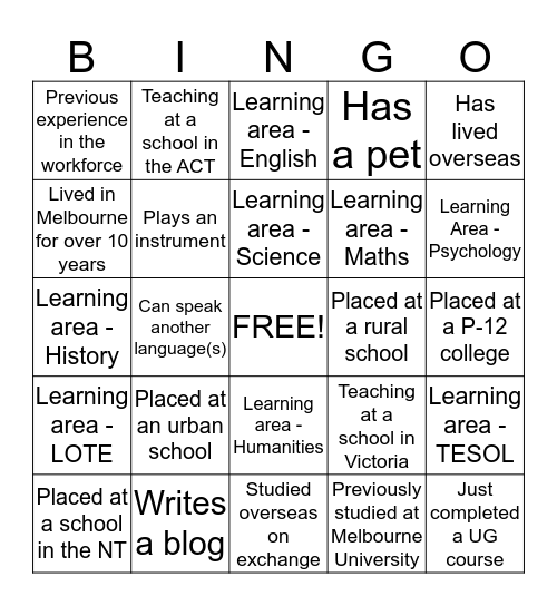 Teach for Australia Bingo Card