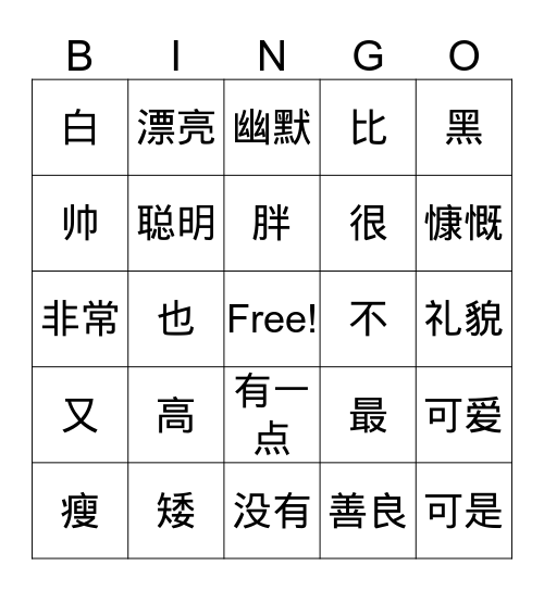 Description Bingo Card