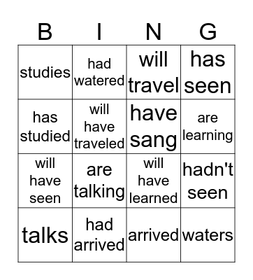 Verb Tenses Bingo Card