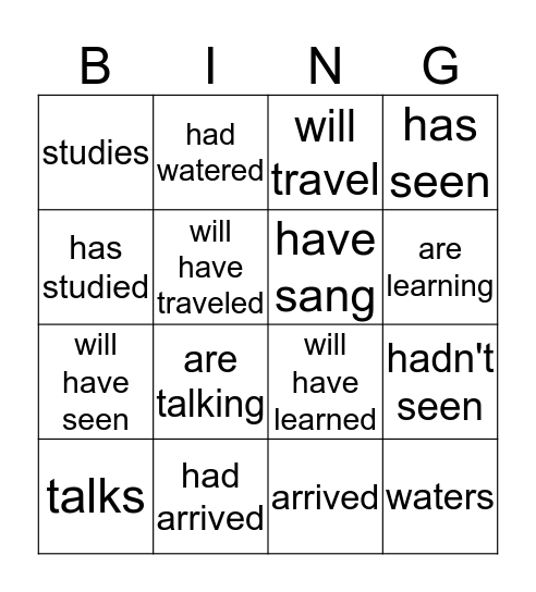 Verb Tenses Bingo Card