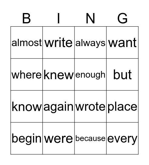 Sight Word Bingo Card
