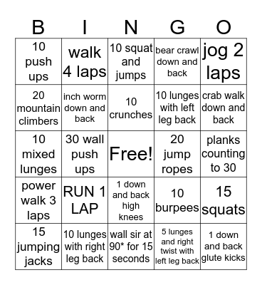 Fitness Bingo Card