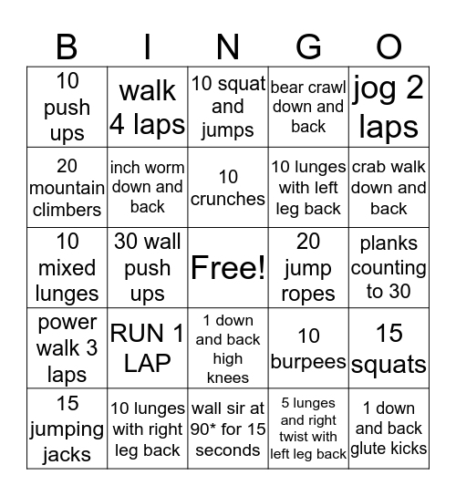 Fitness Bingo Card