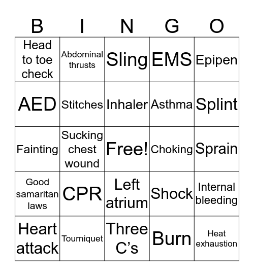 First Aid Bingo Card