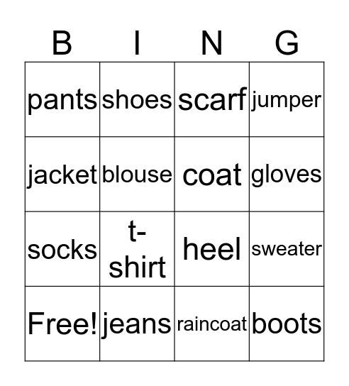 CLOTHES  Bingo Card