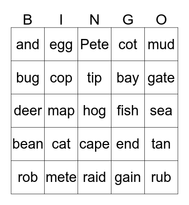 Short vowels Bingo Card