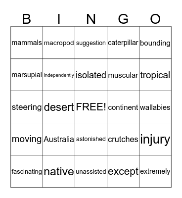 The Amazing Kangaroo Bingo Card