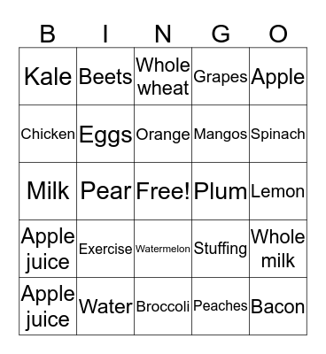 Nutrition Bingo Card