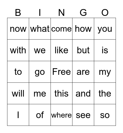 Sight Words Bingo Card