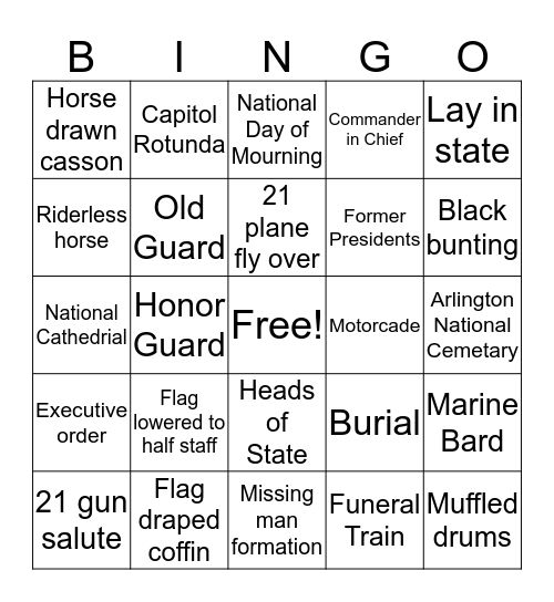 Presidential Funerals Bingo Card