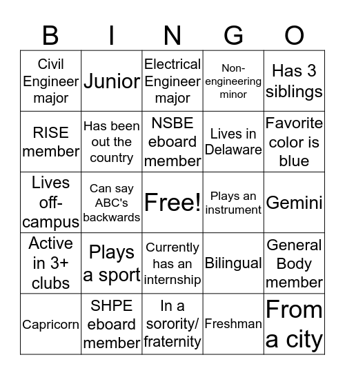 STUDY BREAK! Bingo Card
