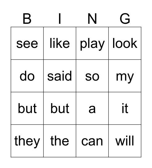 Sight Word Bingo Card