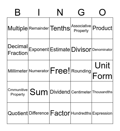 Vocab Bingo  (Center C) Bingo Card