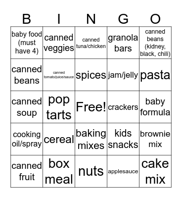Help the Hungry Bingo Card
