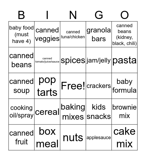 Help the Hungry Bingo Card