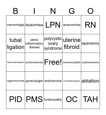 Female Reproductive Bingo Card