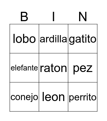 Spanish animals  Bingo Card