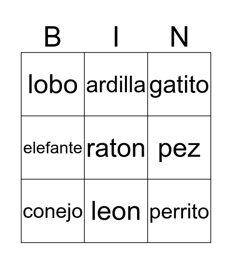 Spanish animals  Bingo Card
