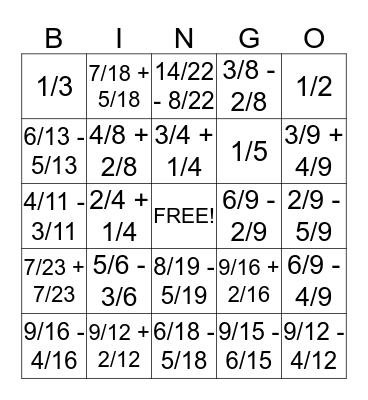 Fractions Bingo Card