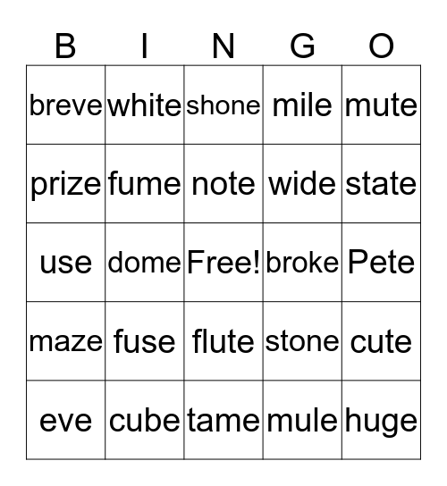 VCe Bingo Card