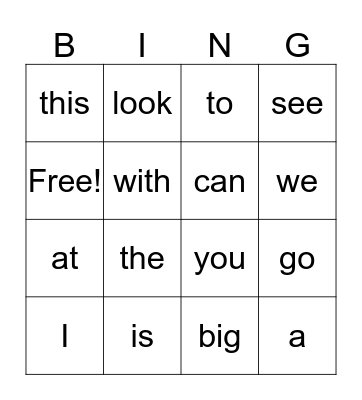 Sight Words Bingo Card