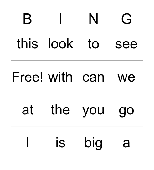Sight Words Bingo Card