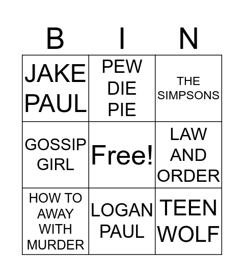 YOUTUBE VS BROADCAST TV Bingo Card