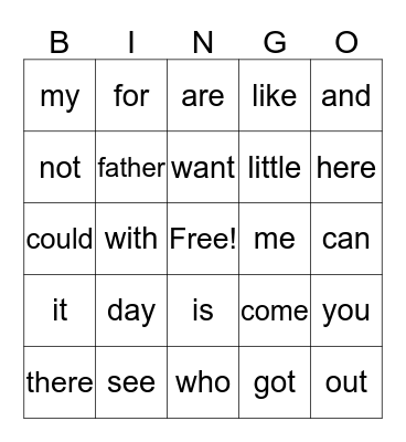 JJ's Kindergarten Sight Words Bingo Card