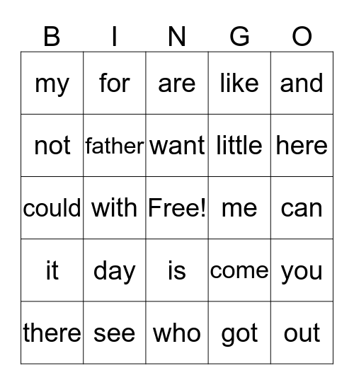 JJ's Kindergarten Sight Words Bingo Card