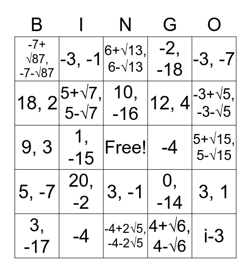 Completing the Square! Bingo Card