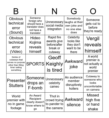 Game Awards 2018 Bingo Card