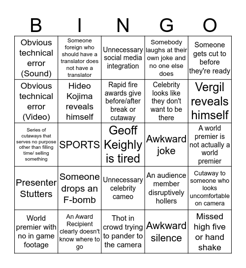 Game Awards 2018 Bingo Card