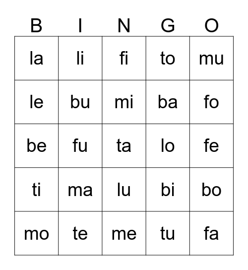 Bingo de sílabas Bingo Card