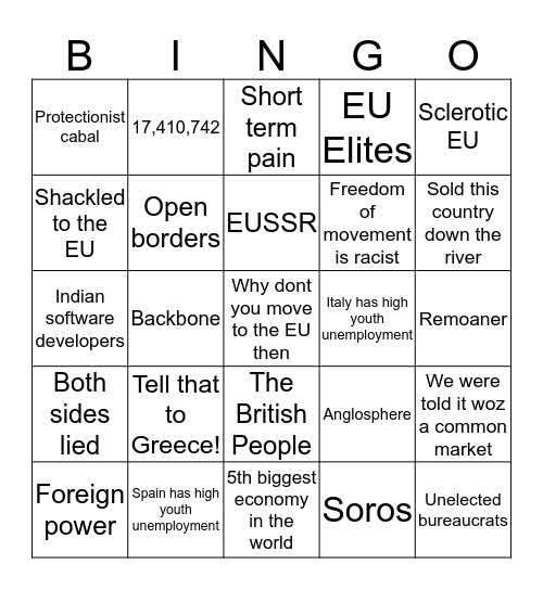 Brexit Moron BINGO Card