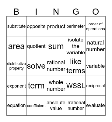 Quarter 1 Vocabulary Bingo Card