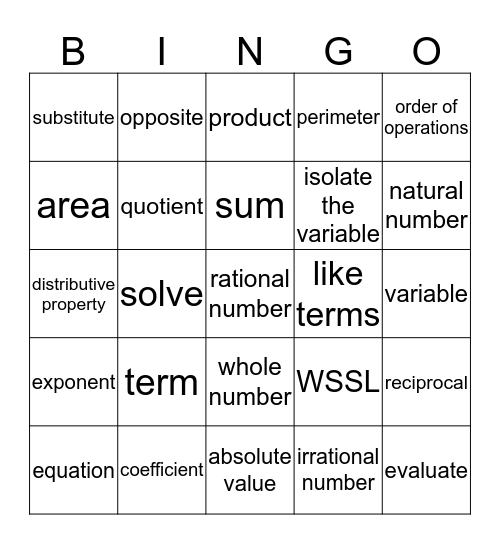 Quarter 1 Vocabulary Bingo Card