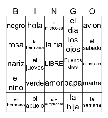 Vocabulario Bingo Card