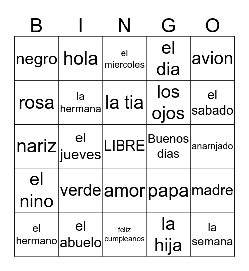 Vocabulario Bingo Card