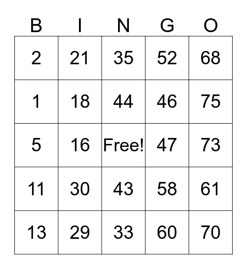 Number Bingo 1-75 Bingo Card