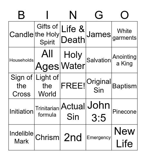 Baptism Bingo Card