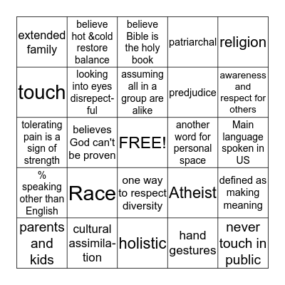 Cultural Diversity Bingo Card