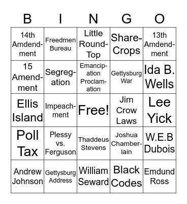 Reconstruction and Reform Bingo Card
