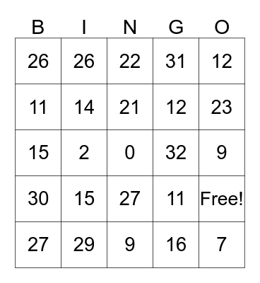 Number Bingo Card