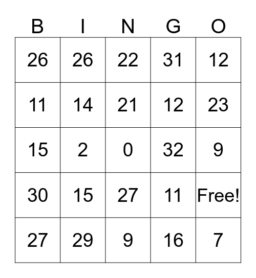 Number Bingo Card