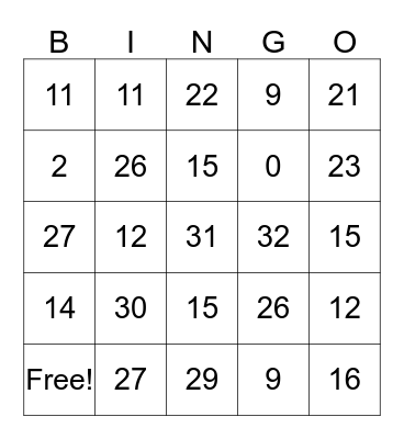 Number Bingo Card